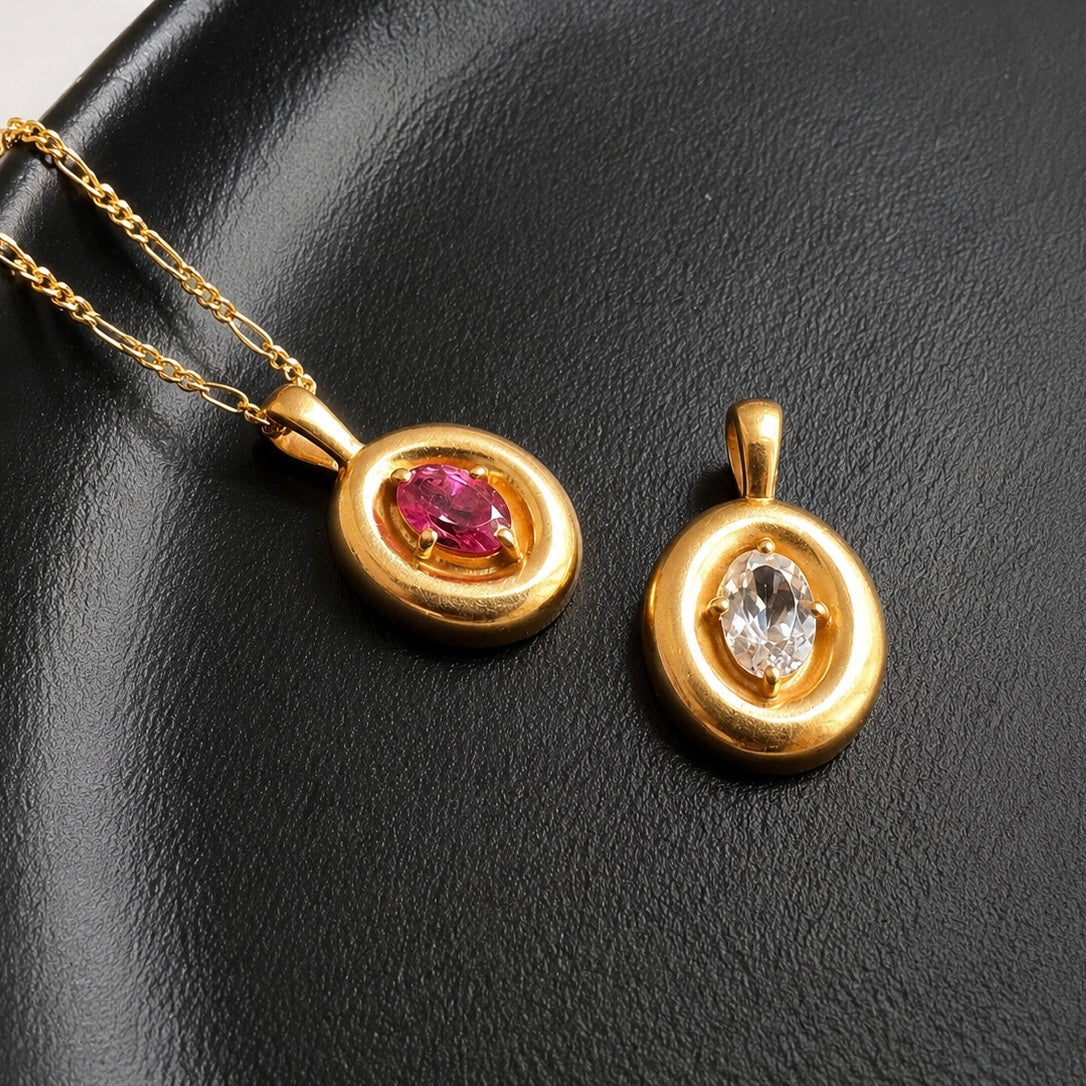 White Topaz Puffy Necklace | Oval Pendant | 18K Gold Plated | Figaro Chain
