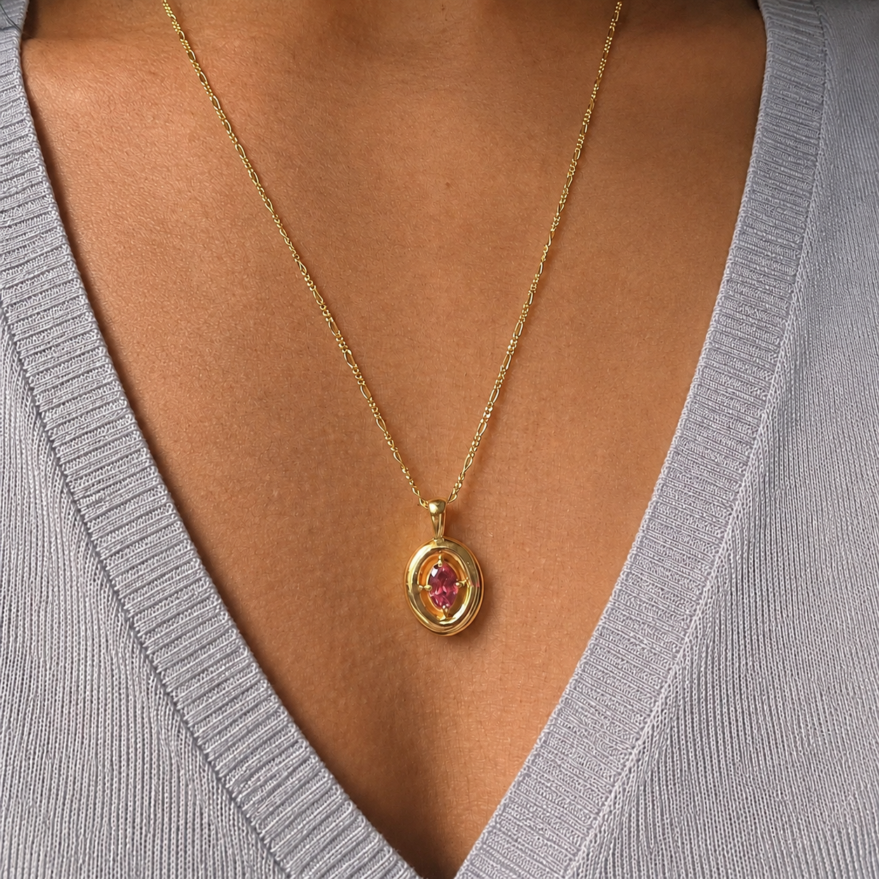 Pink Tourmaline Puffy Necklace | Oval Pendant | 18K Gold Plated | Figaro Chain