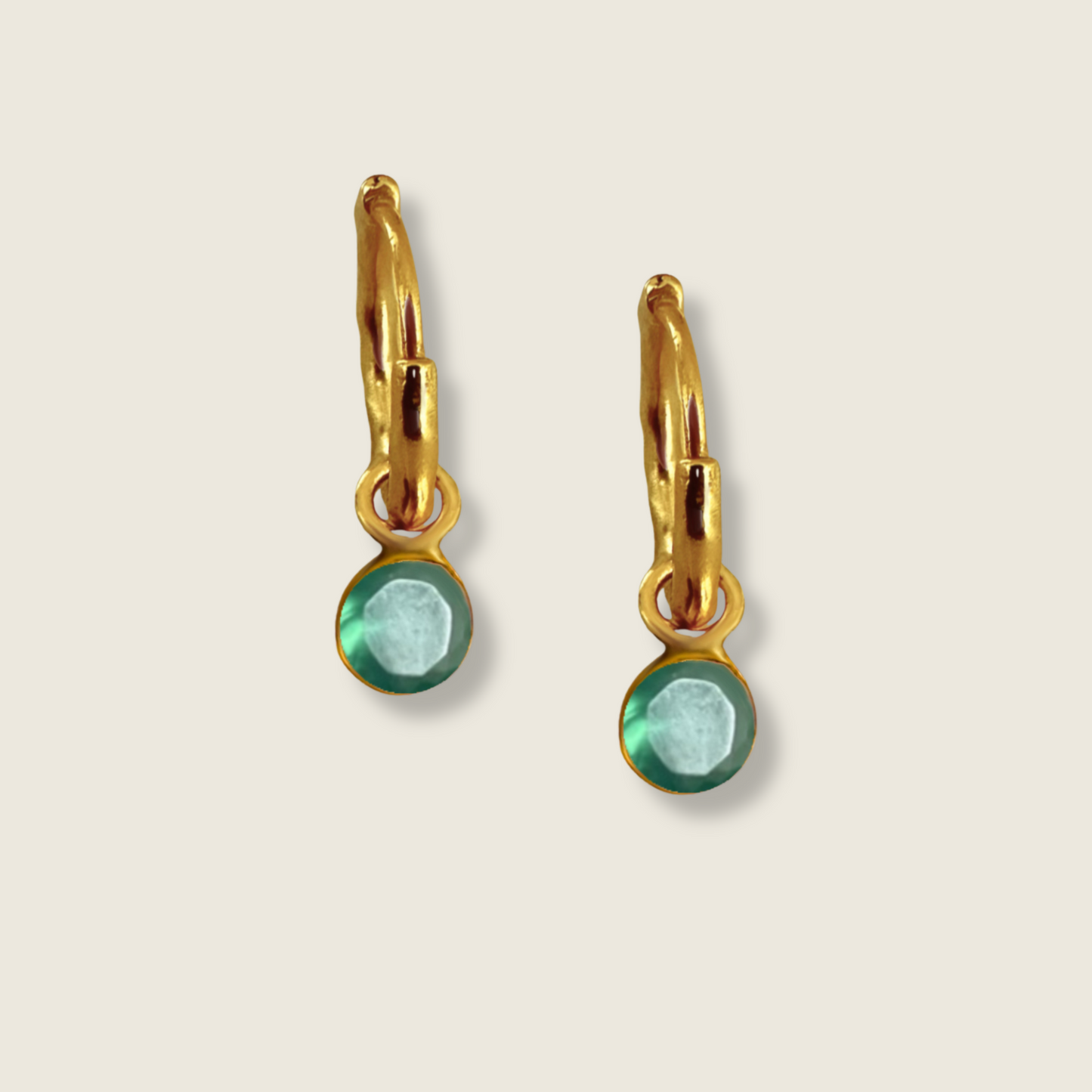Green Onyx Round Charms Earrings | 18k Gold Plated | Huggie Hoop Earrings