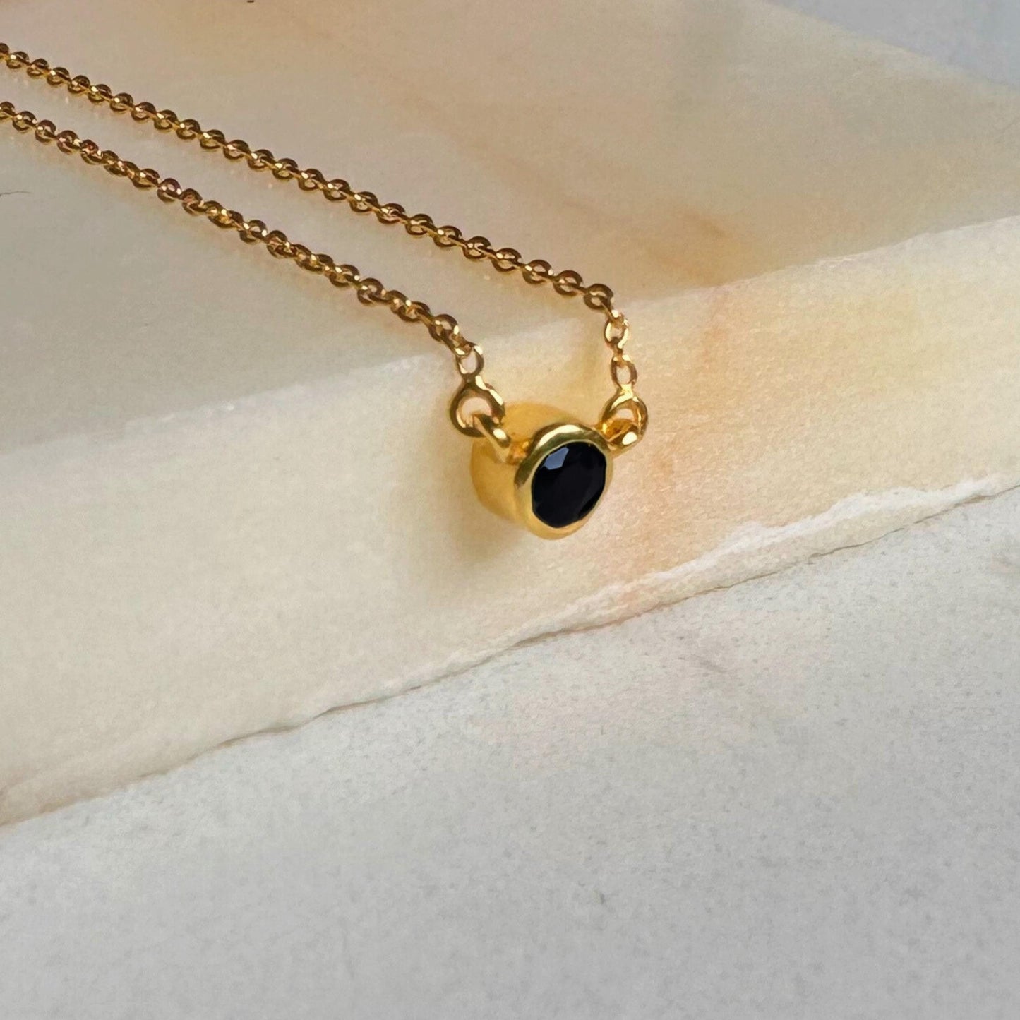 Black Onyx Necklace | Round Set Pendant | 18K Gold Plated