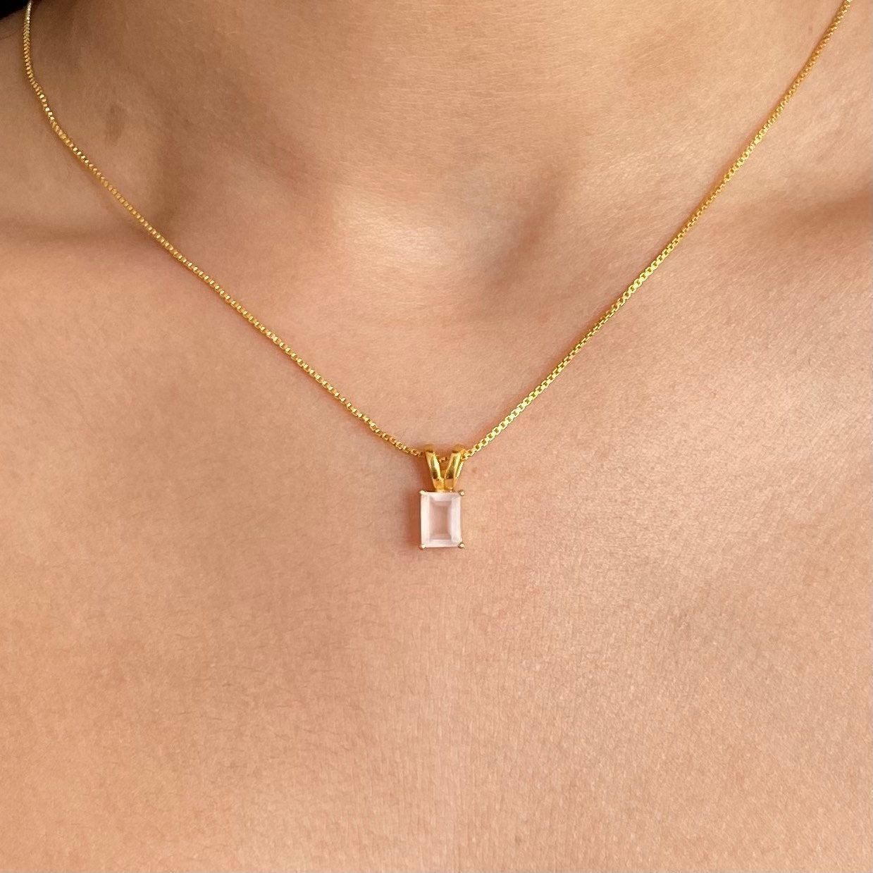 Rose Quartz Necklace | Rectangle Pendant | 18K Gold Plated