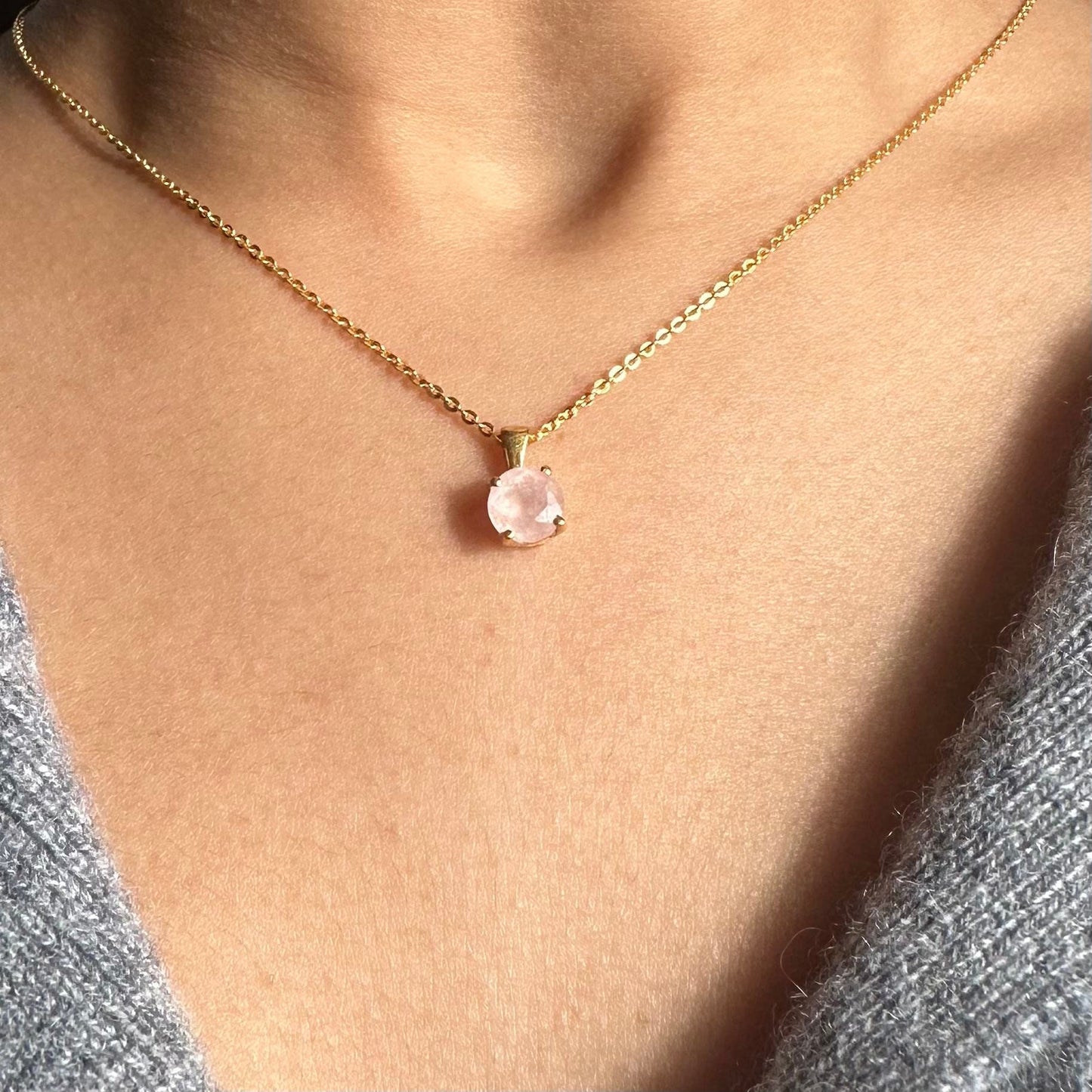 Rose Quartz Necklace | Round Pendant | 18K Gold Plated
