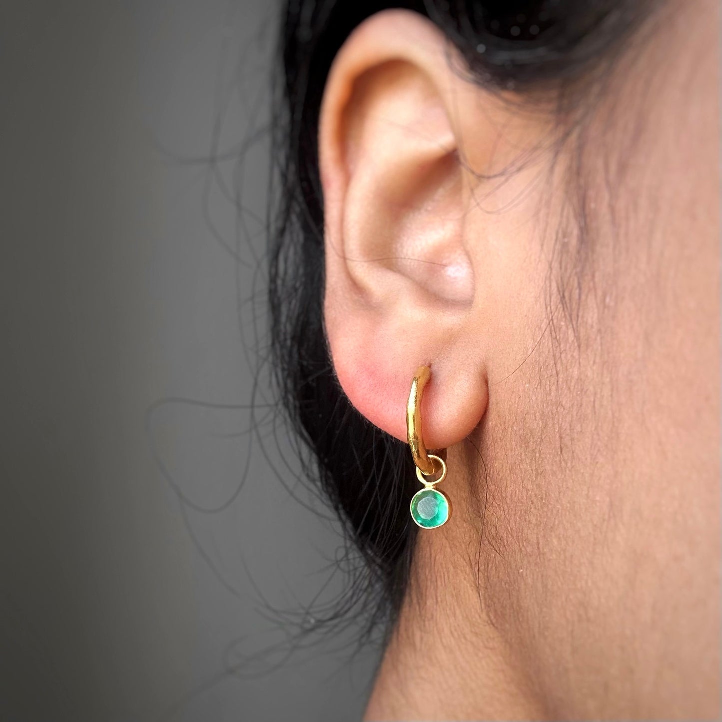 Green Onyx Round Charms Earrings | 18k Gold Plated | Huggie Hoop Earrings