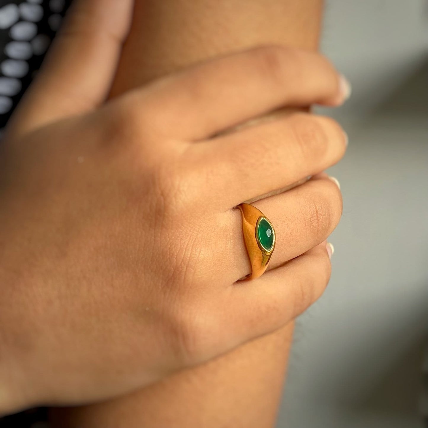 Green Onyx Chunky Marquise Ring | Oval Gemstone | 18K Gold Plated