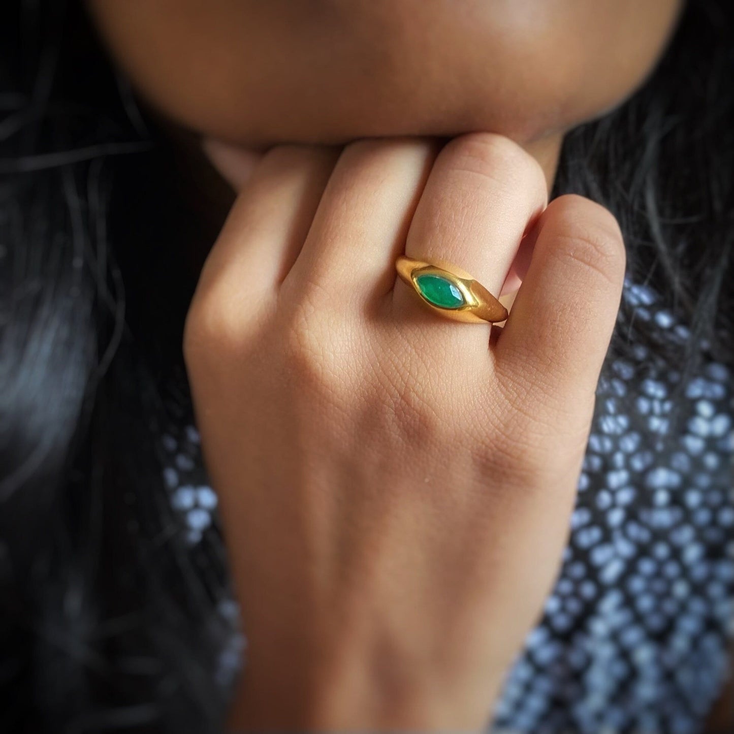 Green Onyx Chunky Marquise Ring | Oval Gemstone | 18K Gold Plated