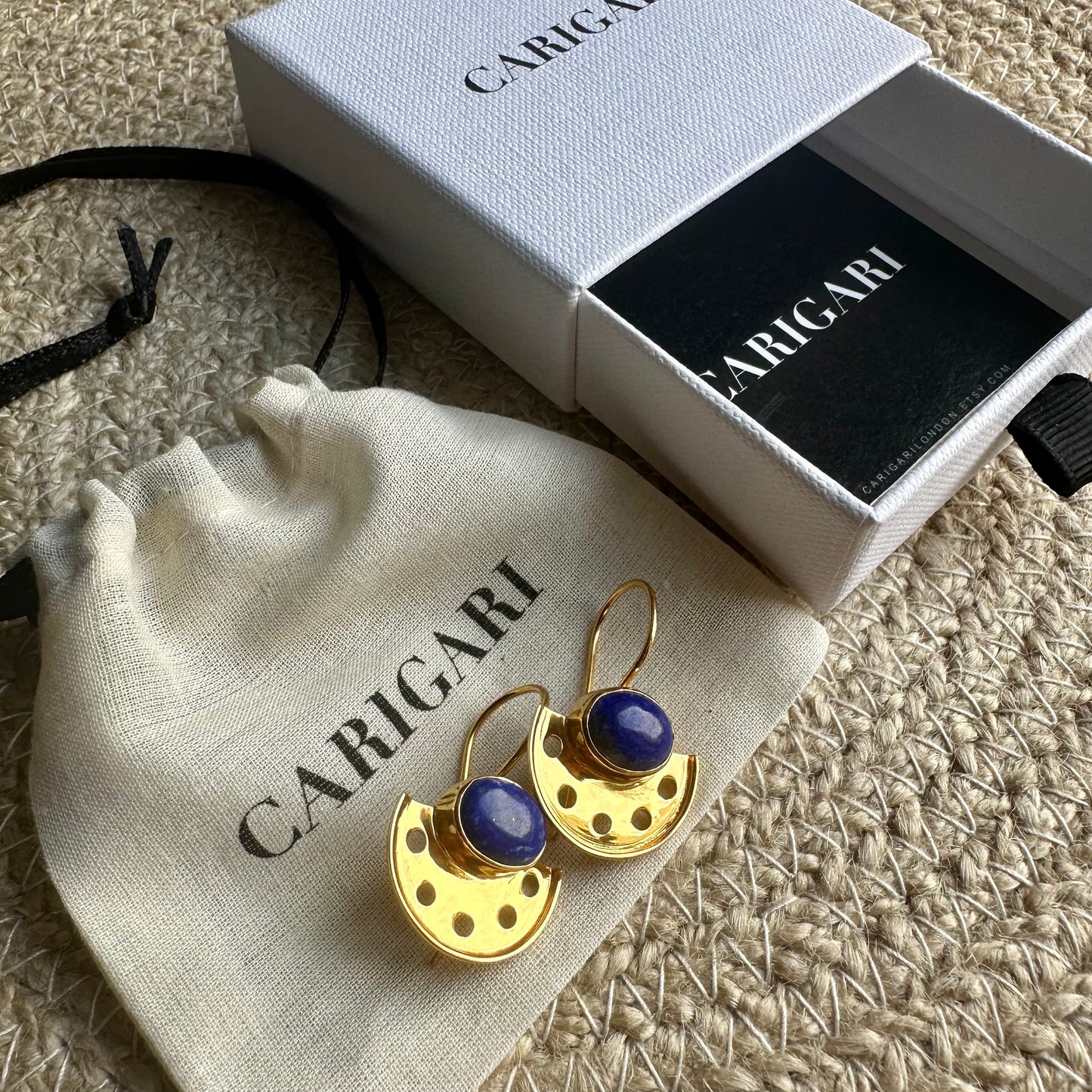 Art Deco Lapis Lazuli Fan Earrings | 18k Gold Plated | Dangle Earrings