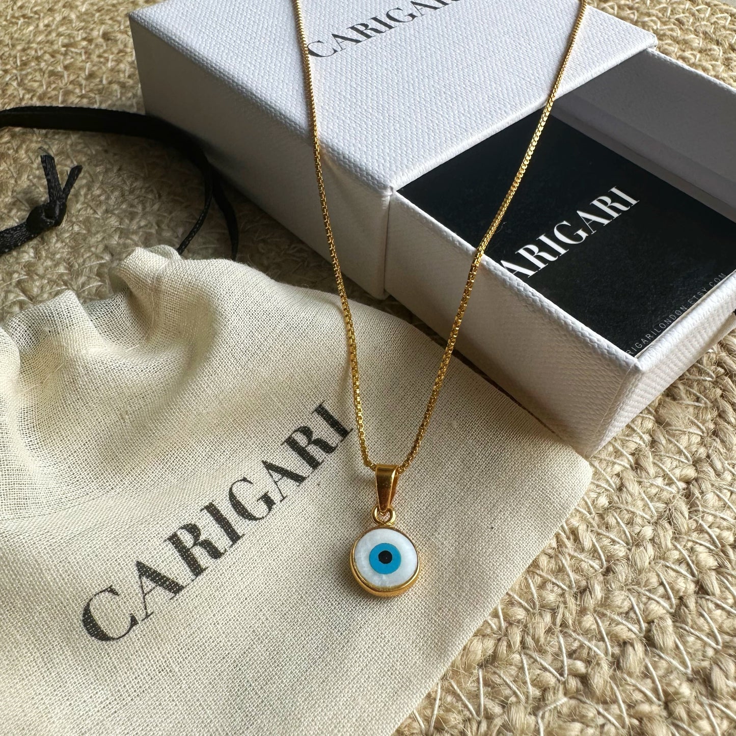 Mother Of Pearl Evil Eye Necklace | Round Pendant | 18K Gold Plated