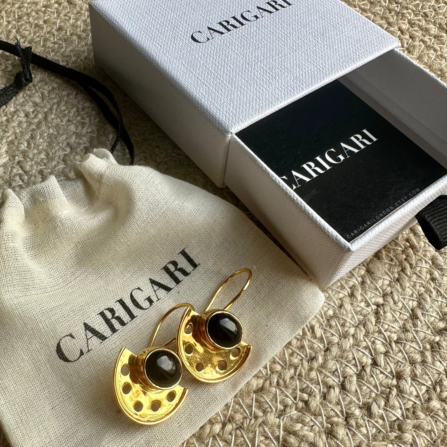 Art Deco Black Onyx Fan Earrings | 18k Gold Plated | Dangle Earrings