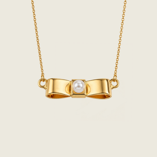 Pearl Bow Necklace | Pearl Pendant | 18K Gold Plated