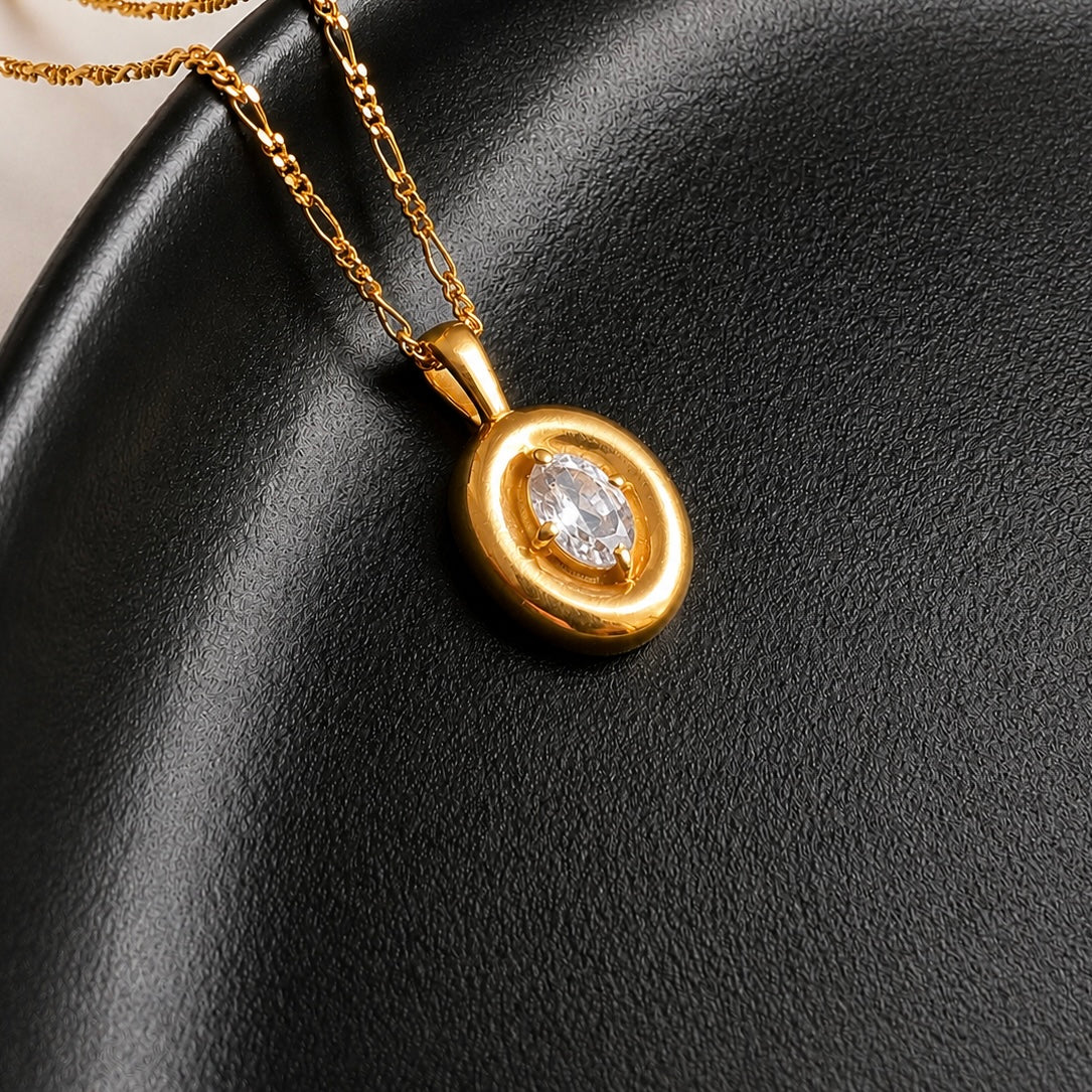 White Topaz Puffy Necklace | Oval Pendant | 18K Gold Plated | Figaro Chain