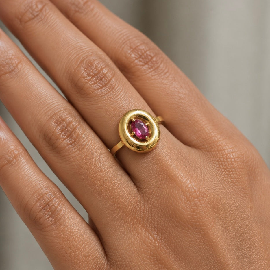 Pink Toumaline Puffy Ring | Gemstone Ring | 18K Gold Plated