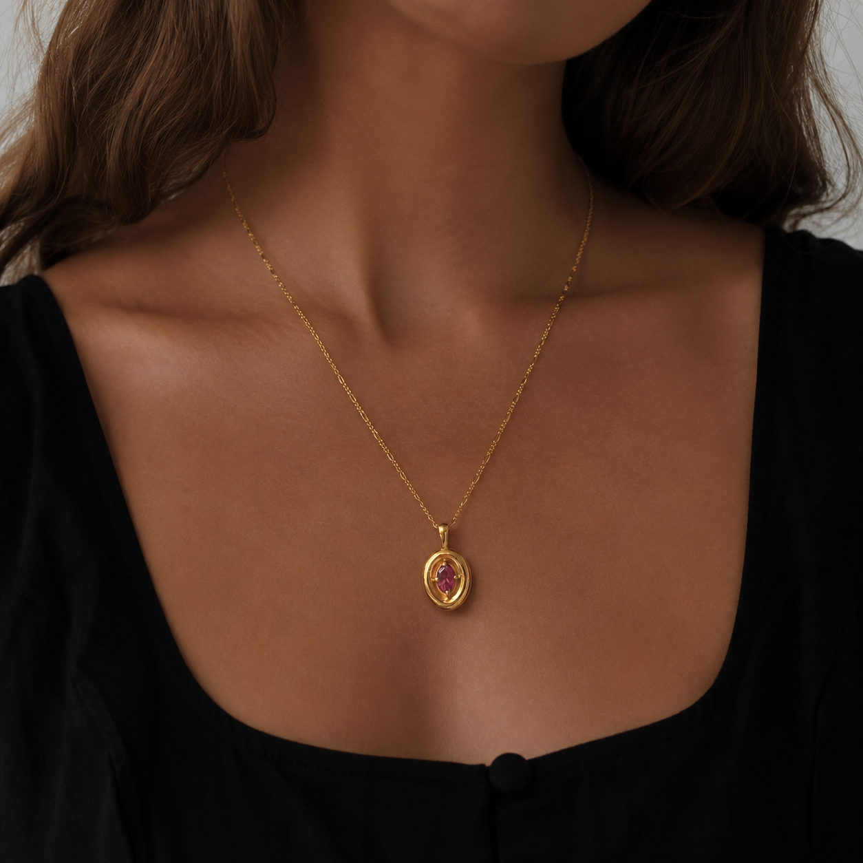 Pink Tourmaline Puffy Necklace | Oval Pendant | 18K Gold Plated | Figaro Chain
