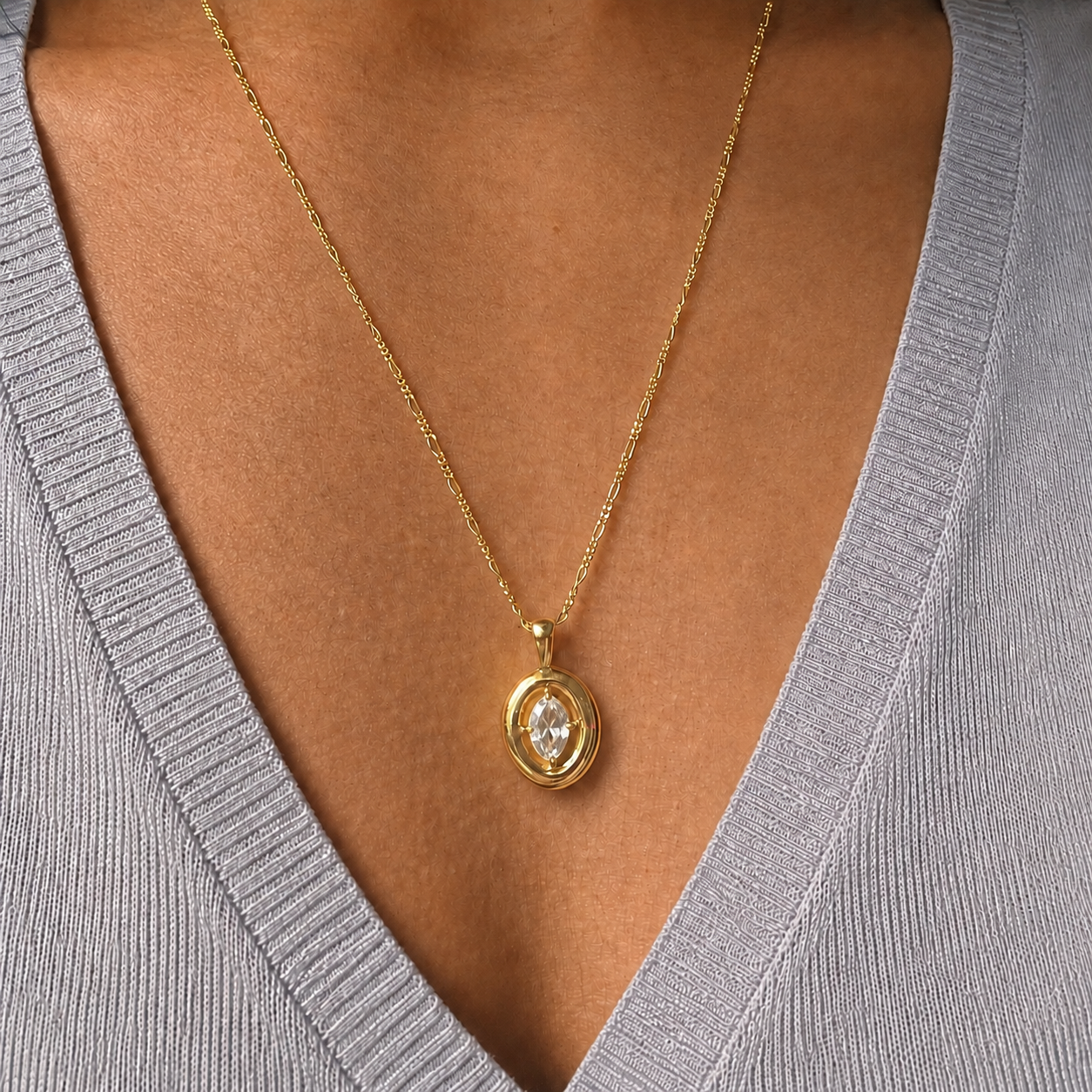 White Topaz Puffy Necklace | Oval Pendant | 18K Gold Plated | Figaro Chain