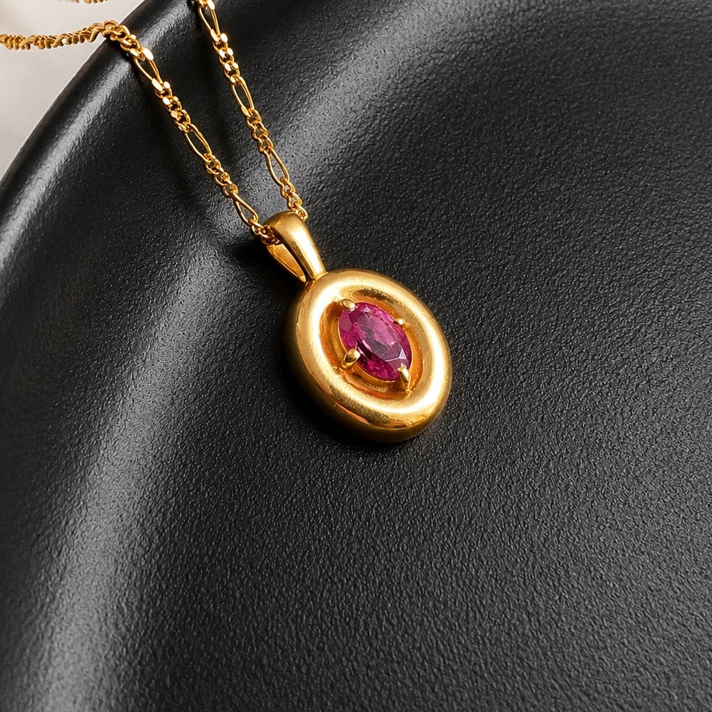 Pink Tourmaline Puffy Necklace | Oval Pendant | 18K Gold Plated | Figaro Chain