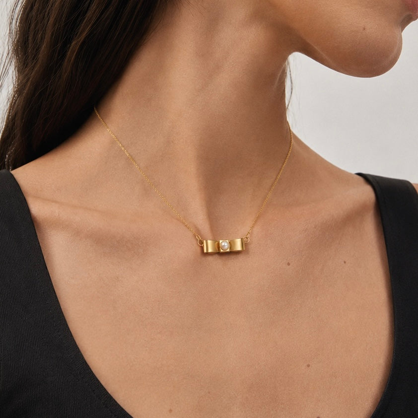 Pearl Bow Necklace | Pearl Pendant | 18K Gold Plated