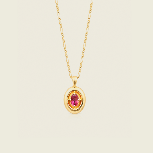 Pink Tourmaline Puffy Necklace | Oval Pendant | 18K Gold Plated | Figaro Chain