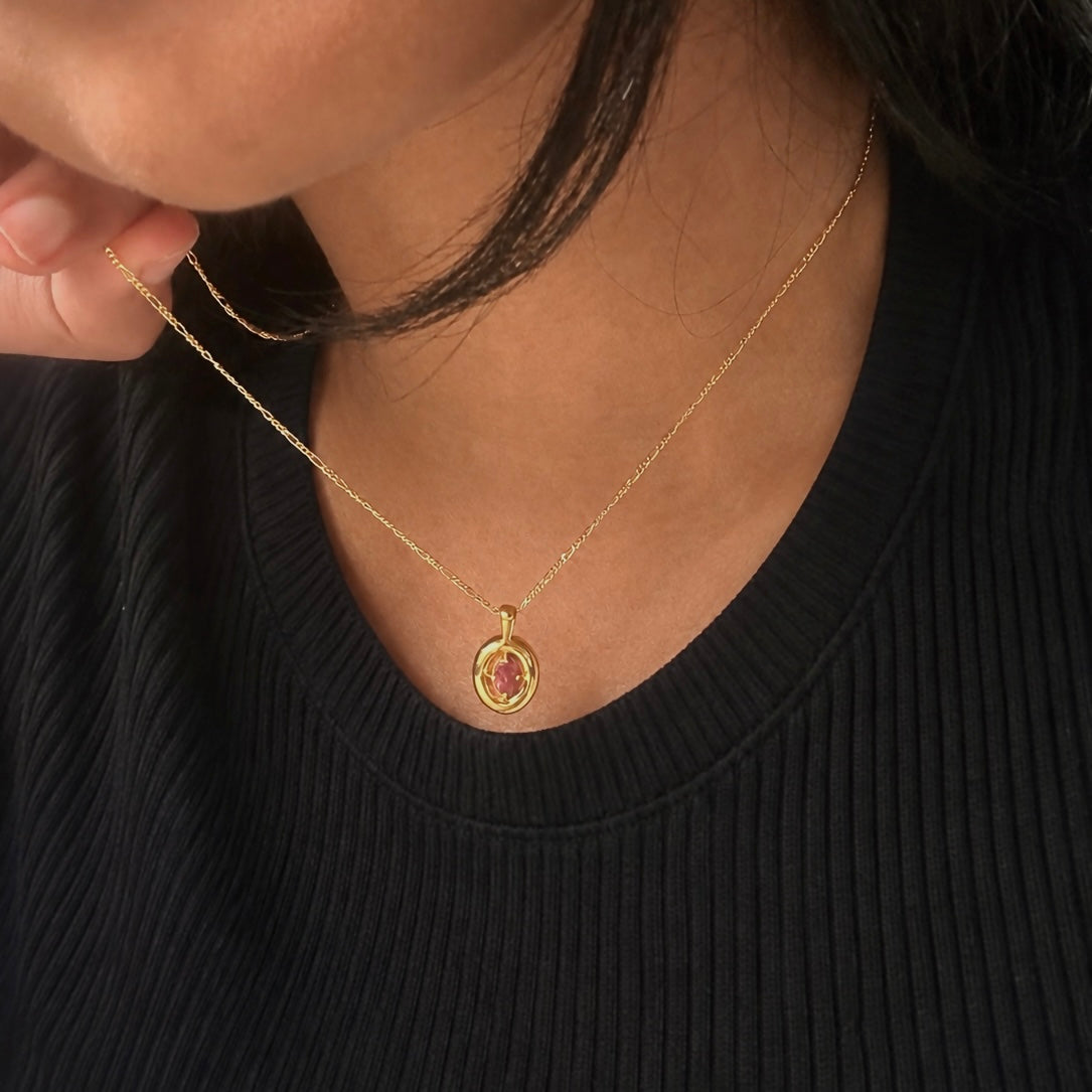 Pink Tourmaline Puffy Necklace | Oval Pendant | 18K Gold Plated | Figaro Chain