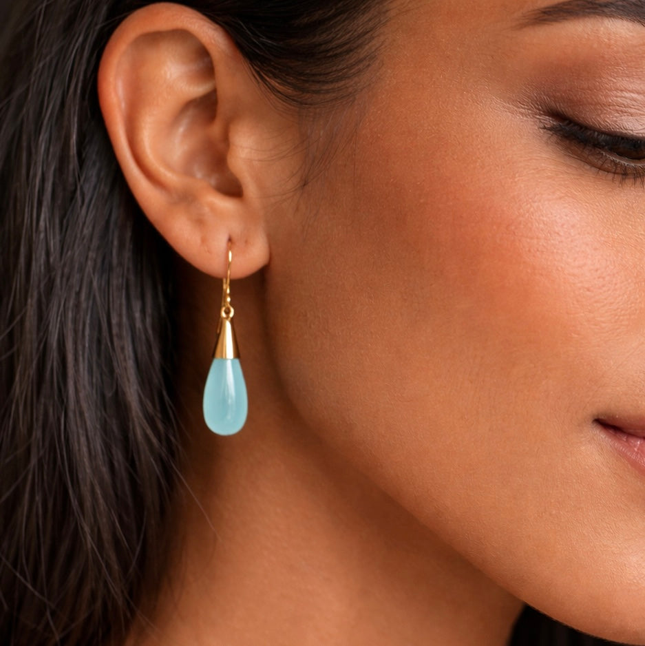 Aquamarine Drop Stone Earrings | 18k Gold Plated | Dangle Earrings