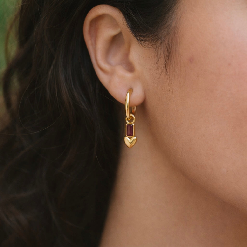 Red Garnet Heart Hoops | 18k Gold Plated | Hoop Earrings