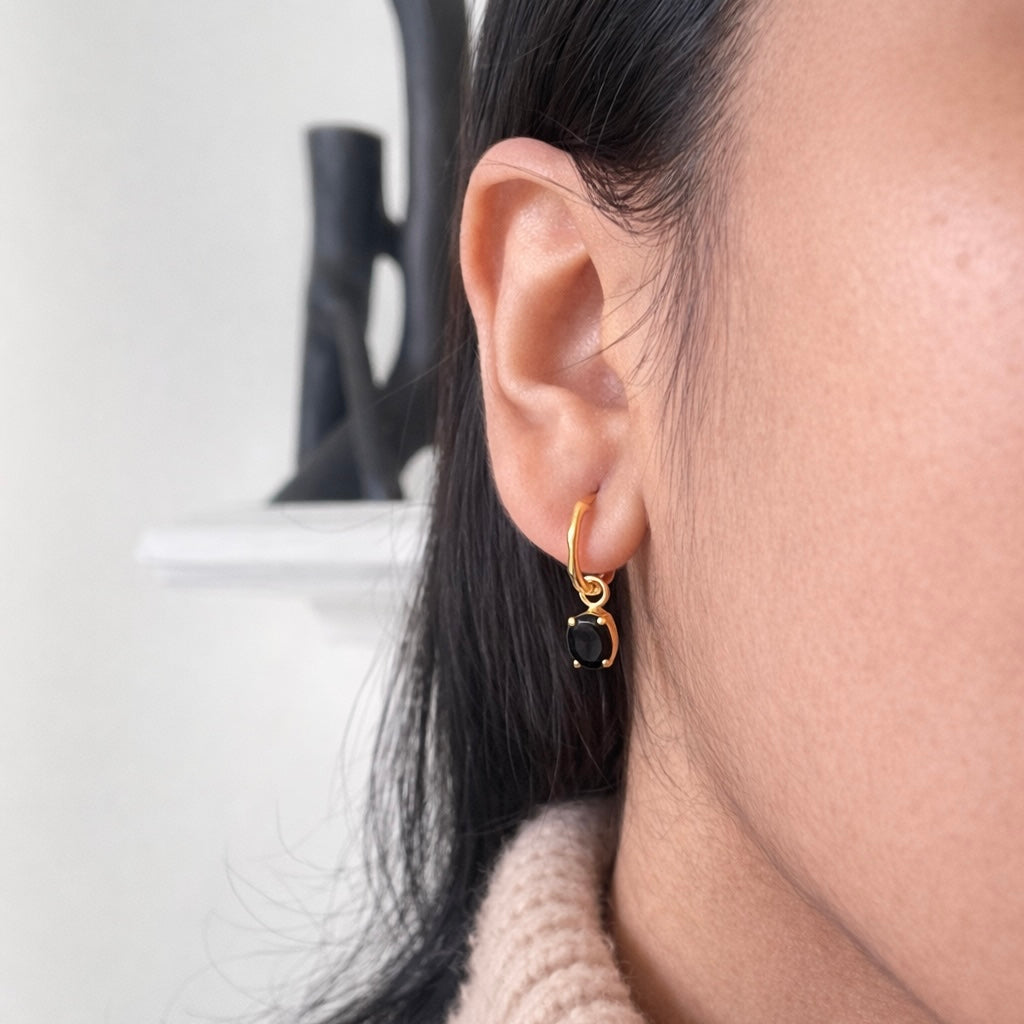 Black Onyx Earrings | 18k Gold Plated | Huggie Hoop Earrings