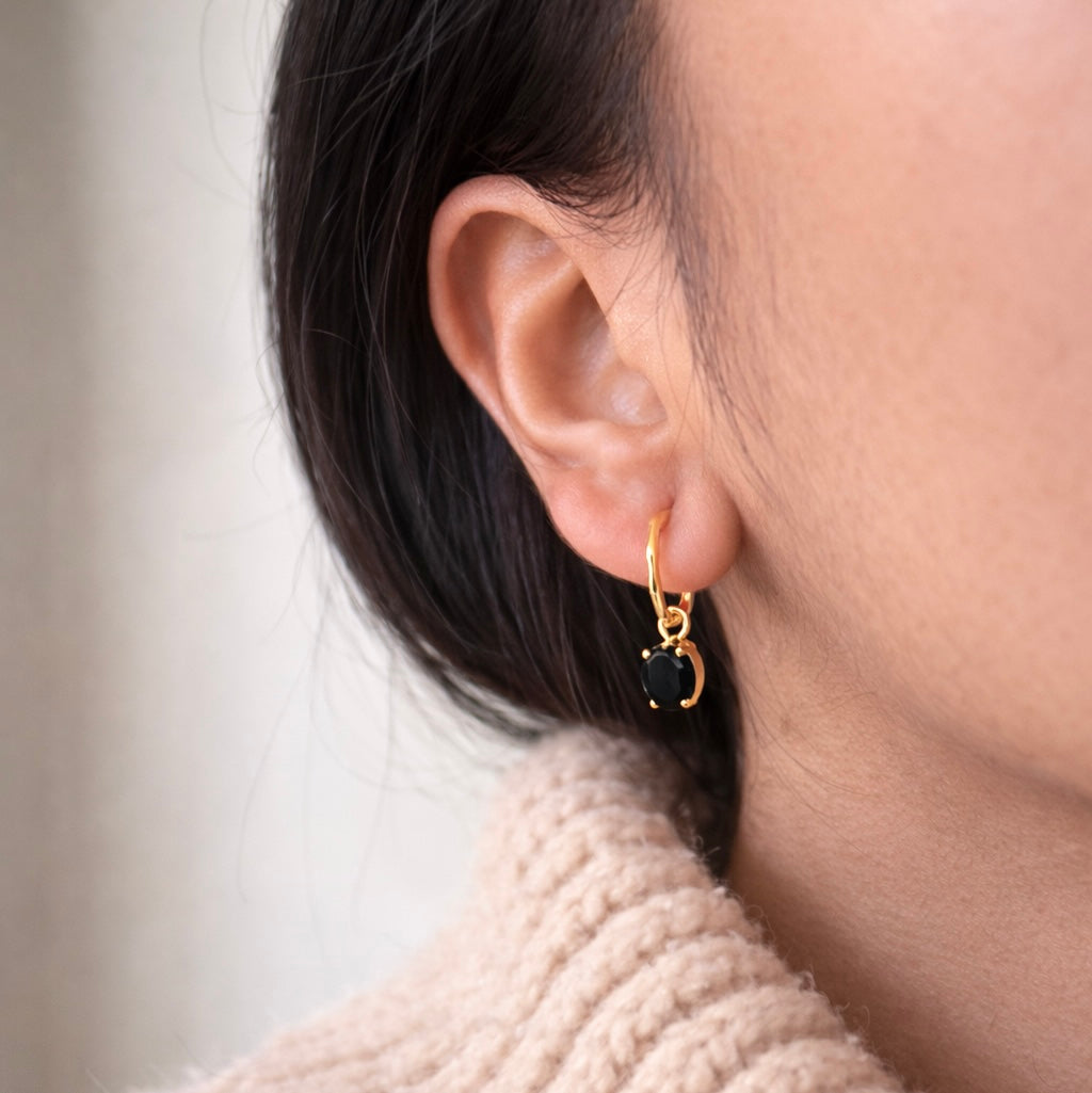 Black Onyx Earrings | 18k Gold Plated | Huggie Hoop Earrings