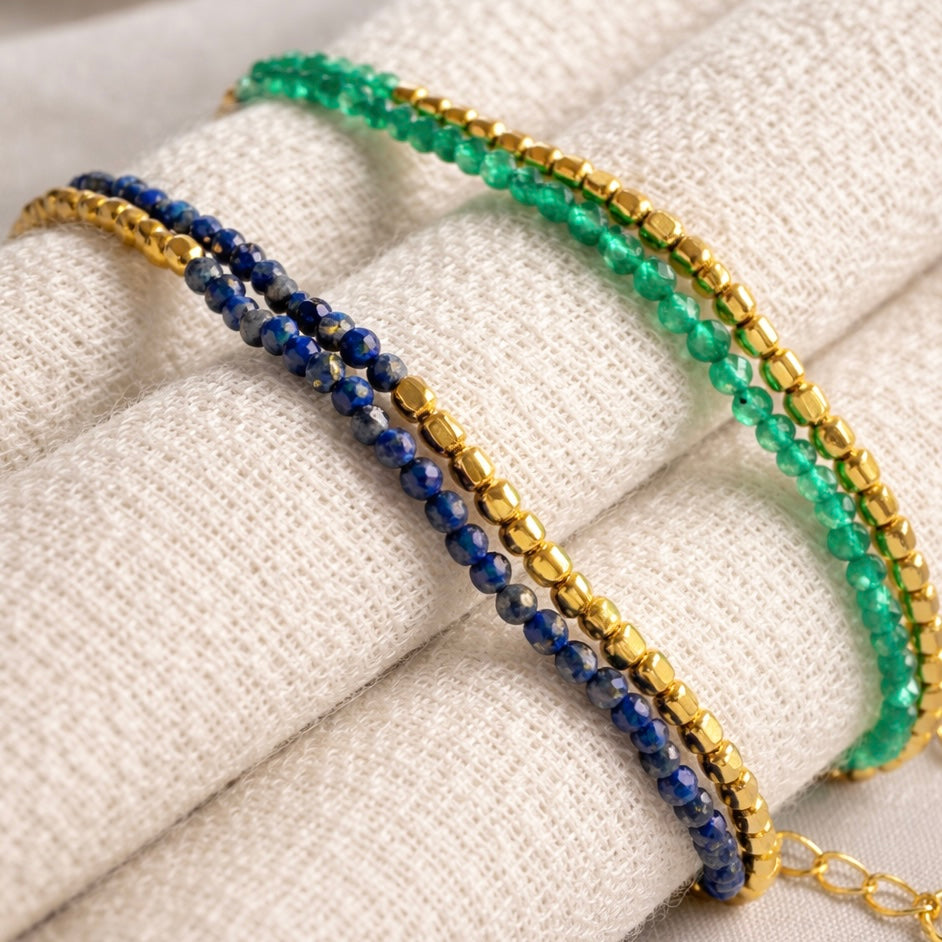 Green Onyx and Gold Beaded Bracelet | 18k Gold Plated | Gemstone Bracelet