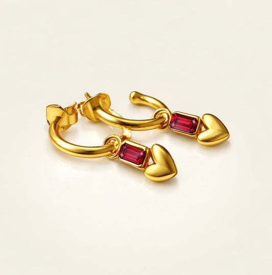 Red Garnet Heart Hoops | 18k Gold Plated | Hoop Earrings