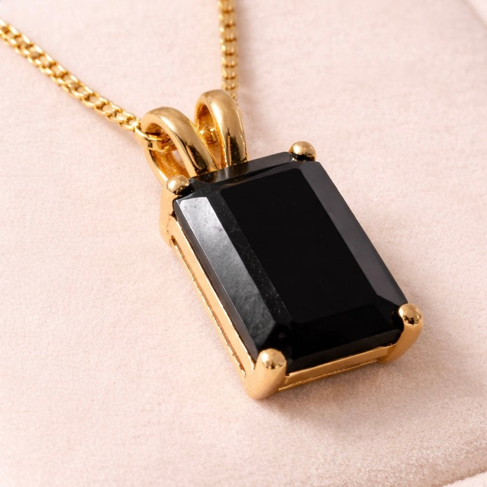 Black Onyx Necklace | Rectangle Pendant | 18K Gold Plated