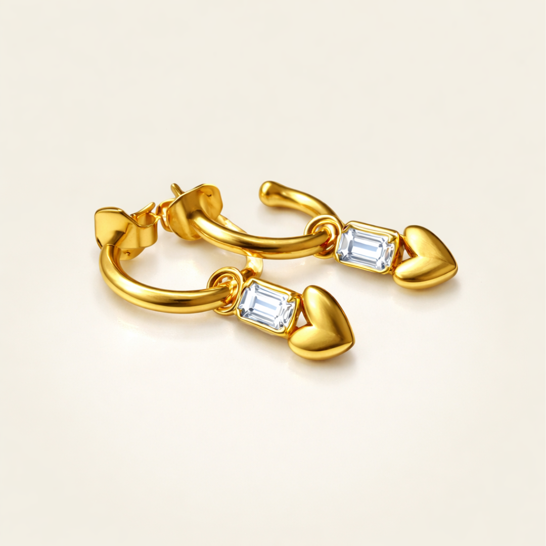 White Topaz Heart Hoops | 18k Gold Plated | Hoop Earrings