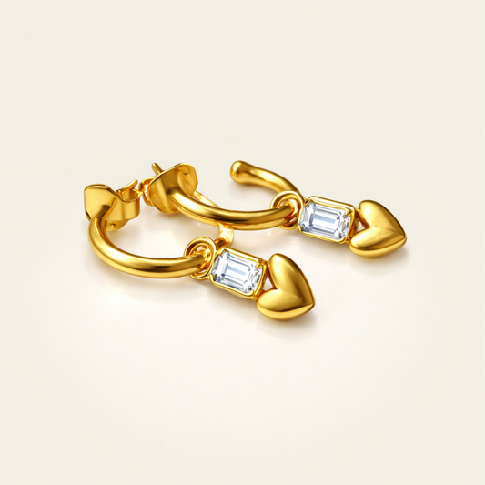 White Topaz Heart Hoops | 18k Gold Plated | Hoop Earrings