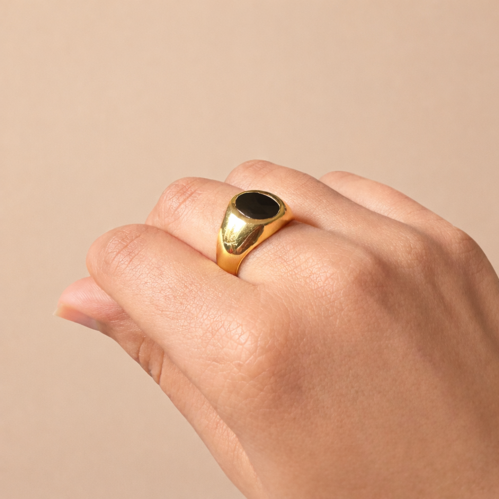 Black Onyx Ring | Coco Signet Ring | 18K Gold Plated