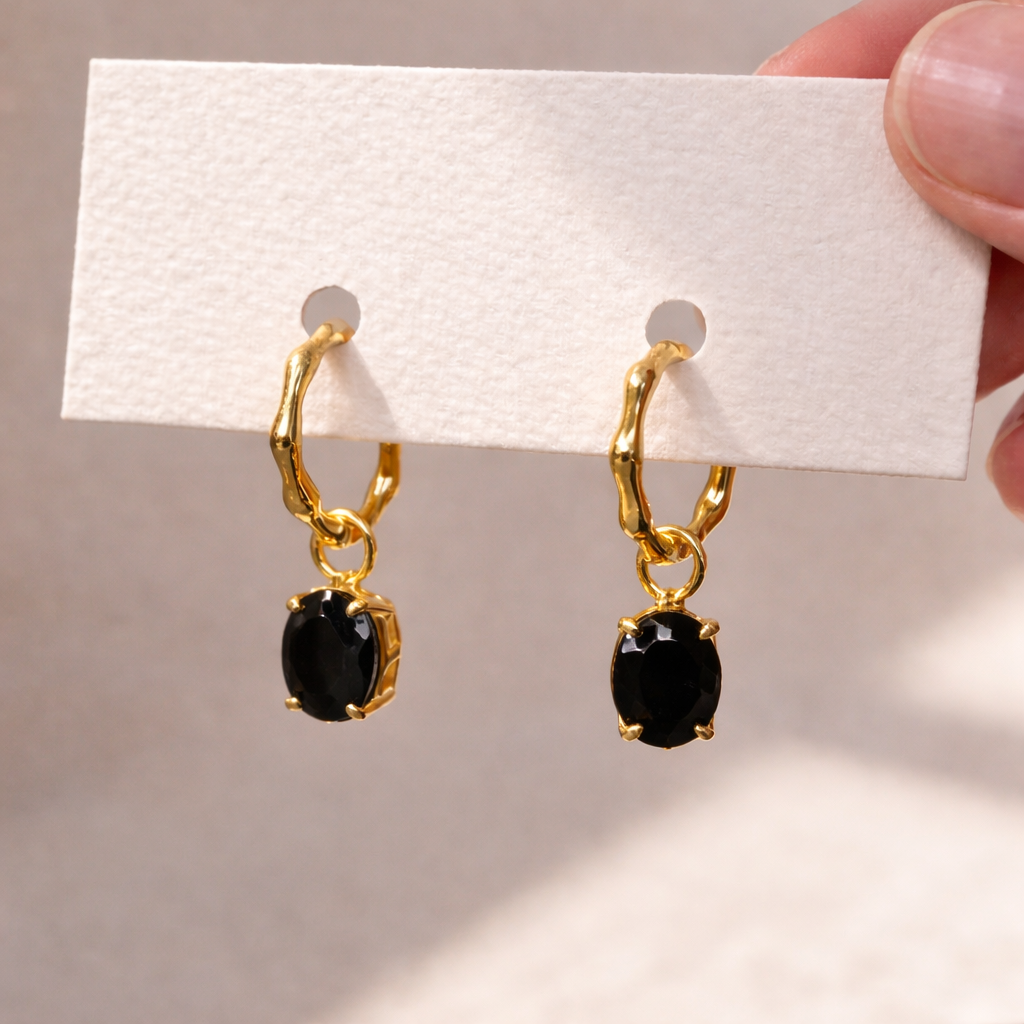 Black Onyx Earrings | 18k Gold Plated | Huggie Hoop Earrings