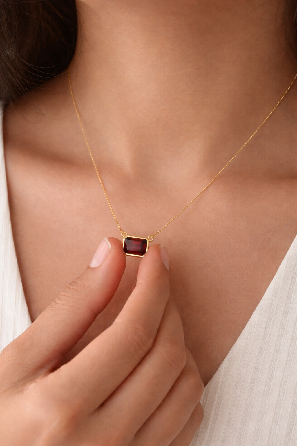 Red Garnet Emerald Cut Necklace | Rectangle Pendant | 18K Gold Plated