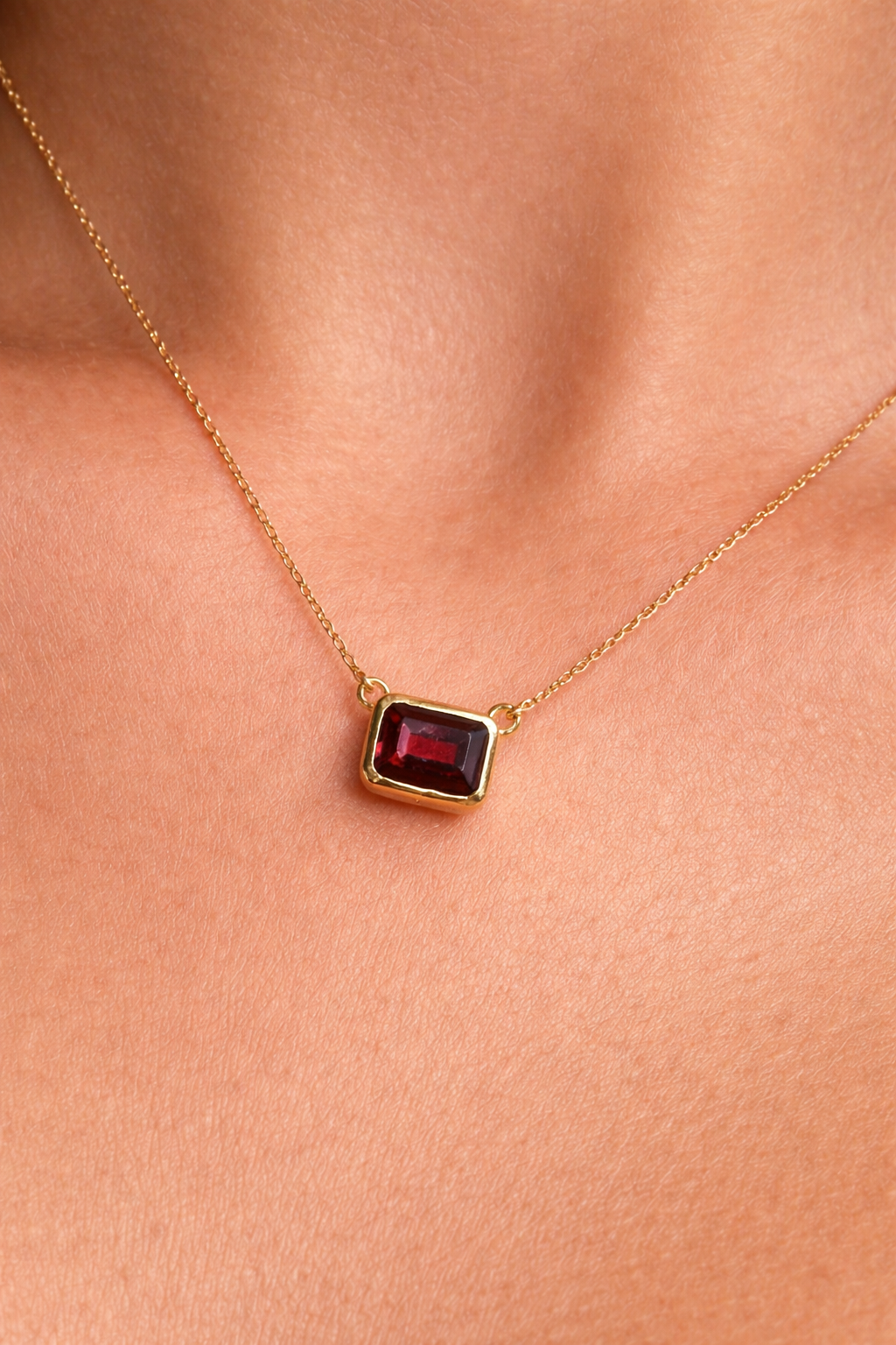 Red Garnet Emerald Cut Necklace | Rectangle Pendant | 18K Gold Plated