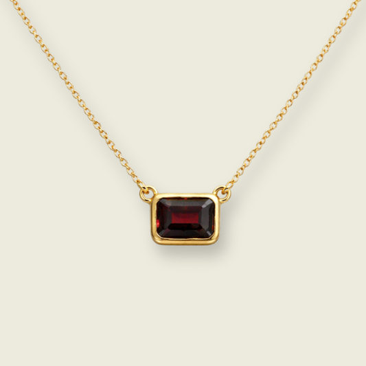 Red Garnet Emerald Cut Necklace | Rectangle Pendant | 18K Gold Plated