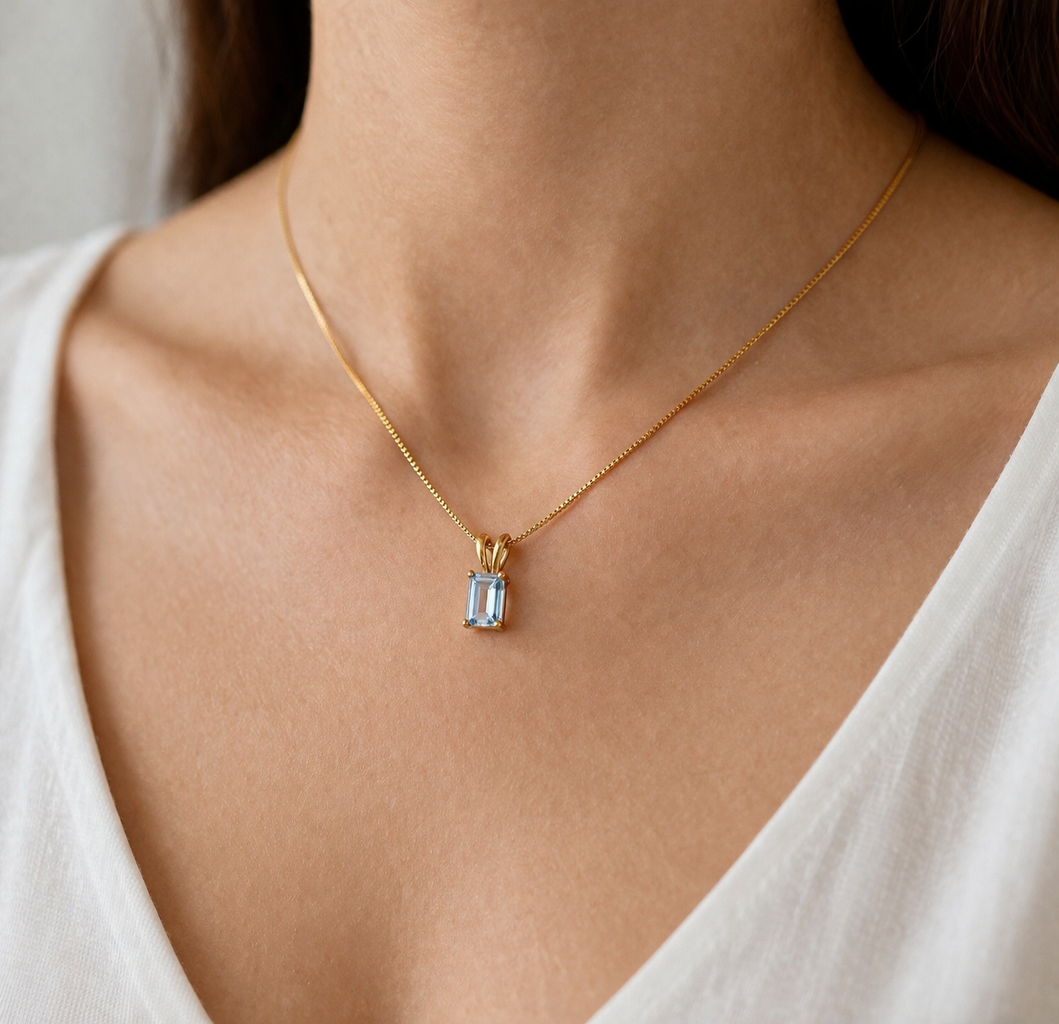 Blue Topaz Necklace | Rectangle Pendant | 18K Gold Plated