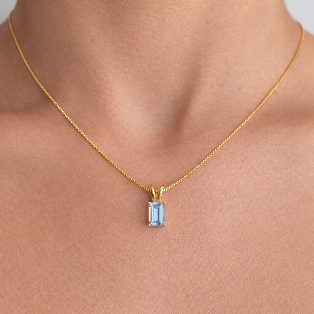 Blue Topaz Necklace | Rectangle Pendant | 18K Gold Plated