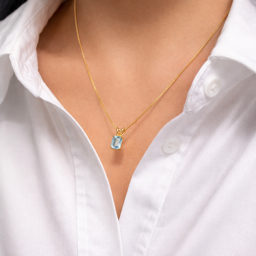 Blue Topaz Necklace | Rectangle Pendant | 18K Gold Plated