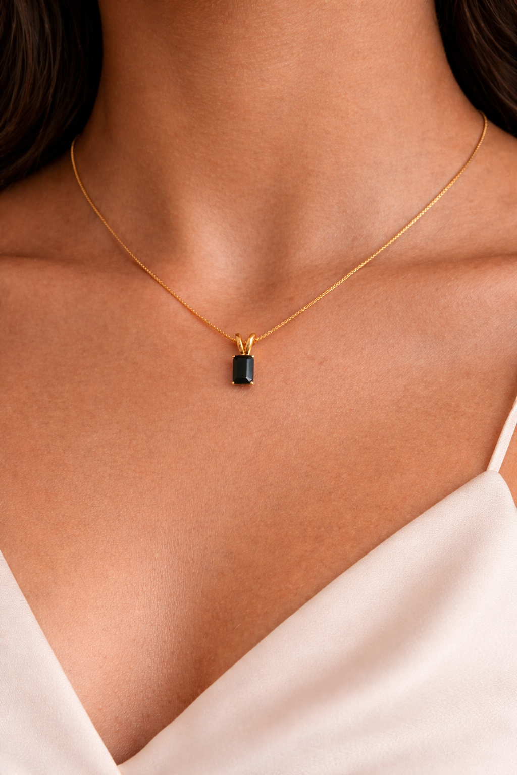 Black Onyx Necklace | Rectangle Pendant | 18K Gold Plated