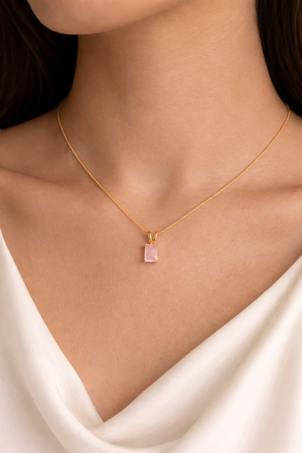 Rose Quartz Necklace | Rectangle Pendant | 18K Gold Plated