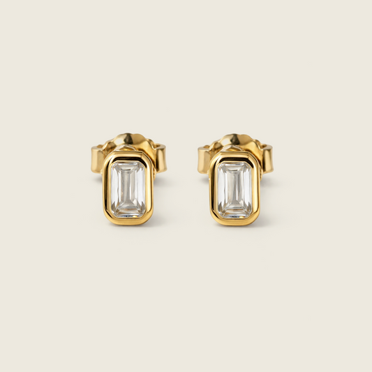 White Topaz Emerald Cut Stud Earrings | Rectangle Stud Earring | 18k Gold Plated