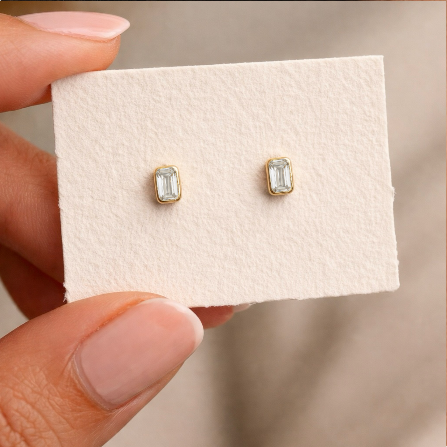 White Topaz Emerald Cut Stud Earrings | Rectangle Stud Earring | 18k Gold Plated