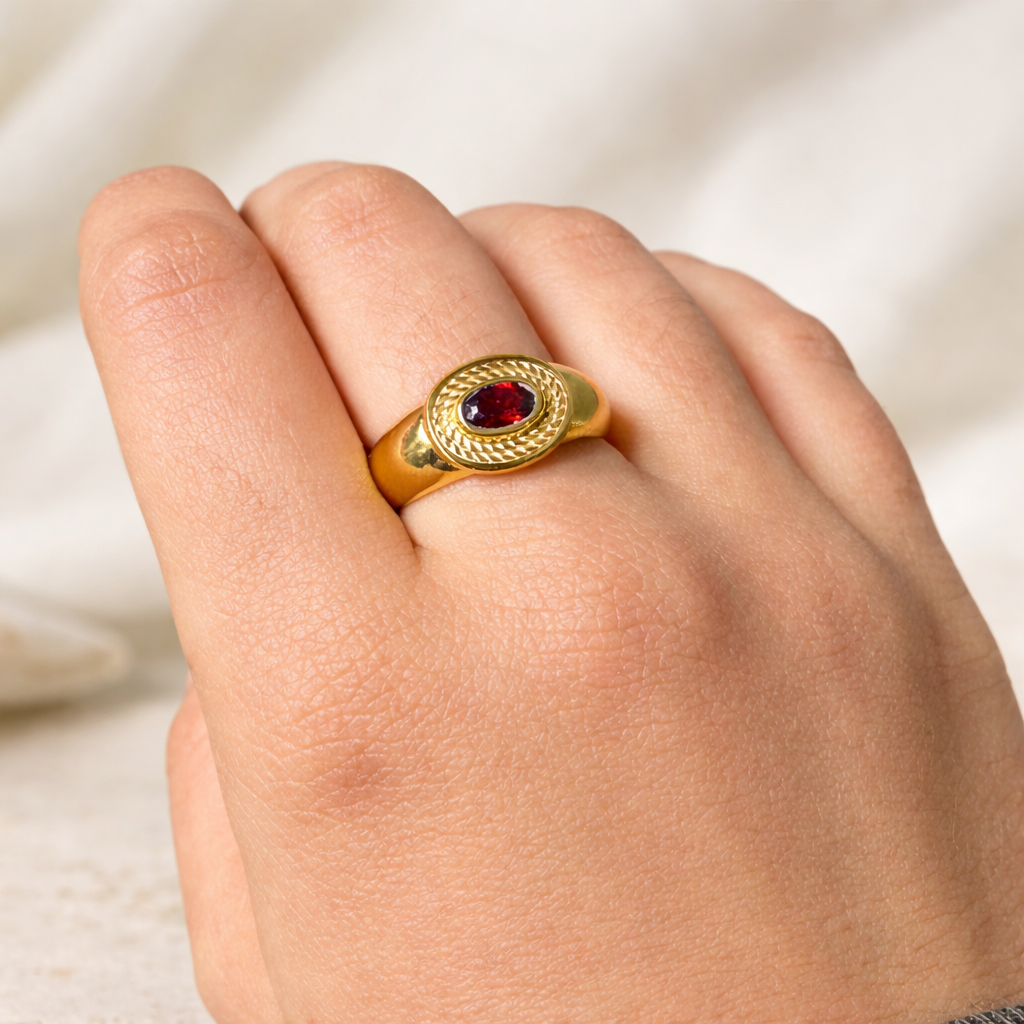 Red Garnet Ring | Cleo Signet Ring | 18K Gold Plated