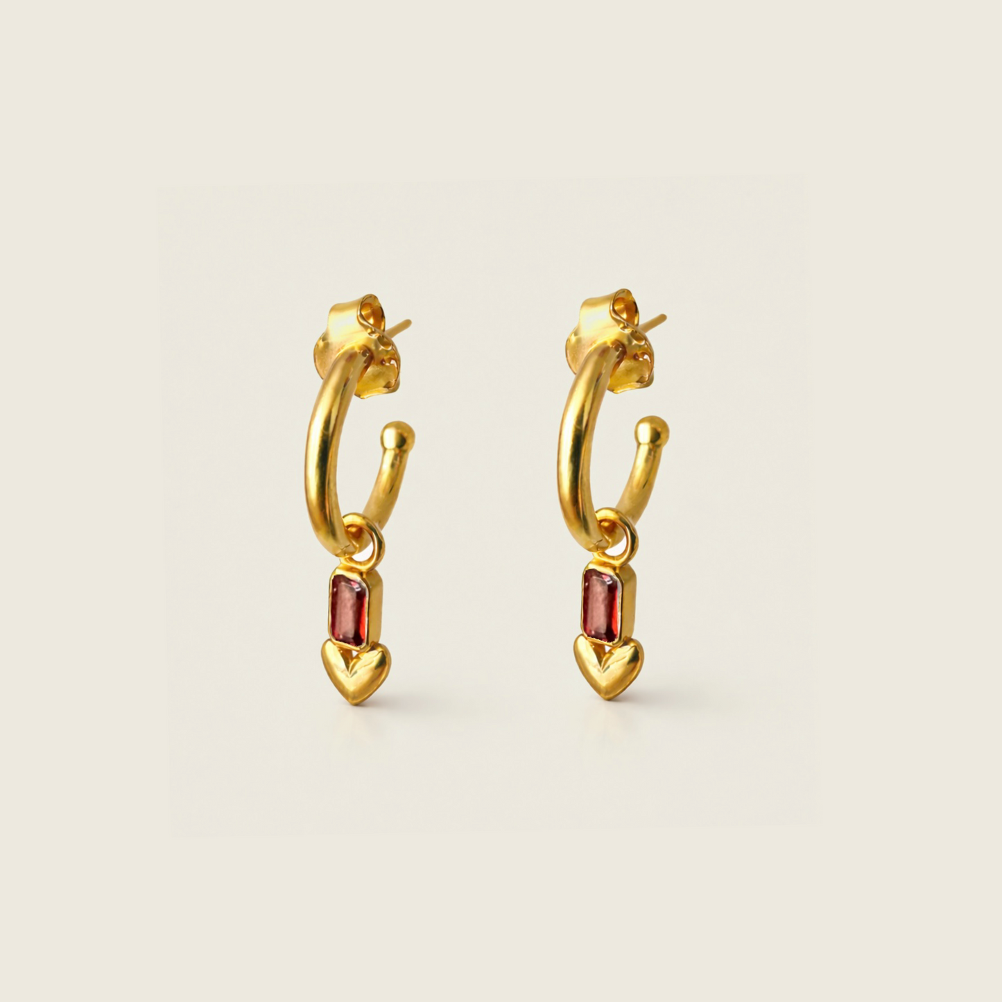 Red Garnet Heart Hoops | 18k Gold Plated | Hoop Earrings