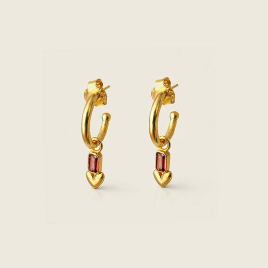 Red Garnet Heart Hoops | 18k Gold Plated | Hoop Earrings