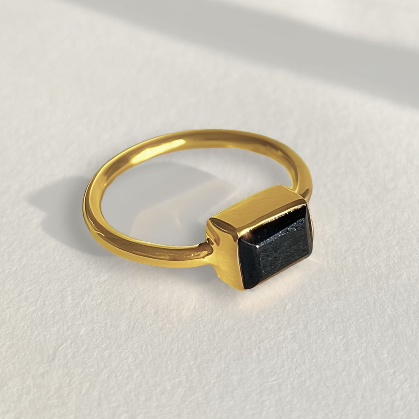 Black Onyx Ring | Baguette Gemstone | 18K Gold Plated