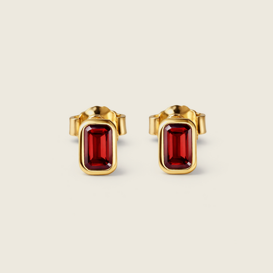 Red Garnet Emerald Cut Stud Earrings | Rectangle Stud Earring | 18k Gold Plated