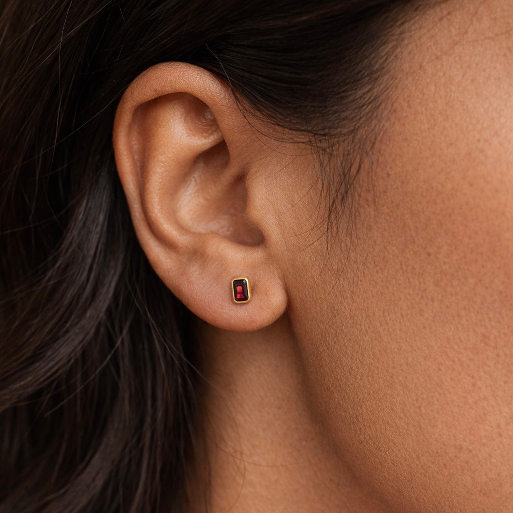 Red Garnet Emerald Cut Stud Earrings | Rectangle Stud Earring | 18k Gold Plated