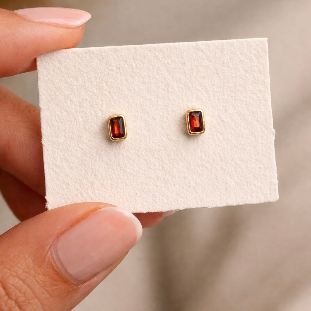 Red Garnet Emerald Cut Stud Earrings | Rectangle Stud Earring | 18k Gold Plated