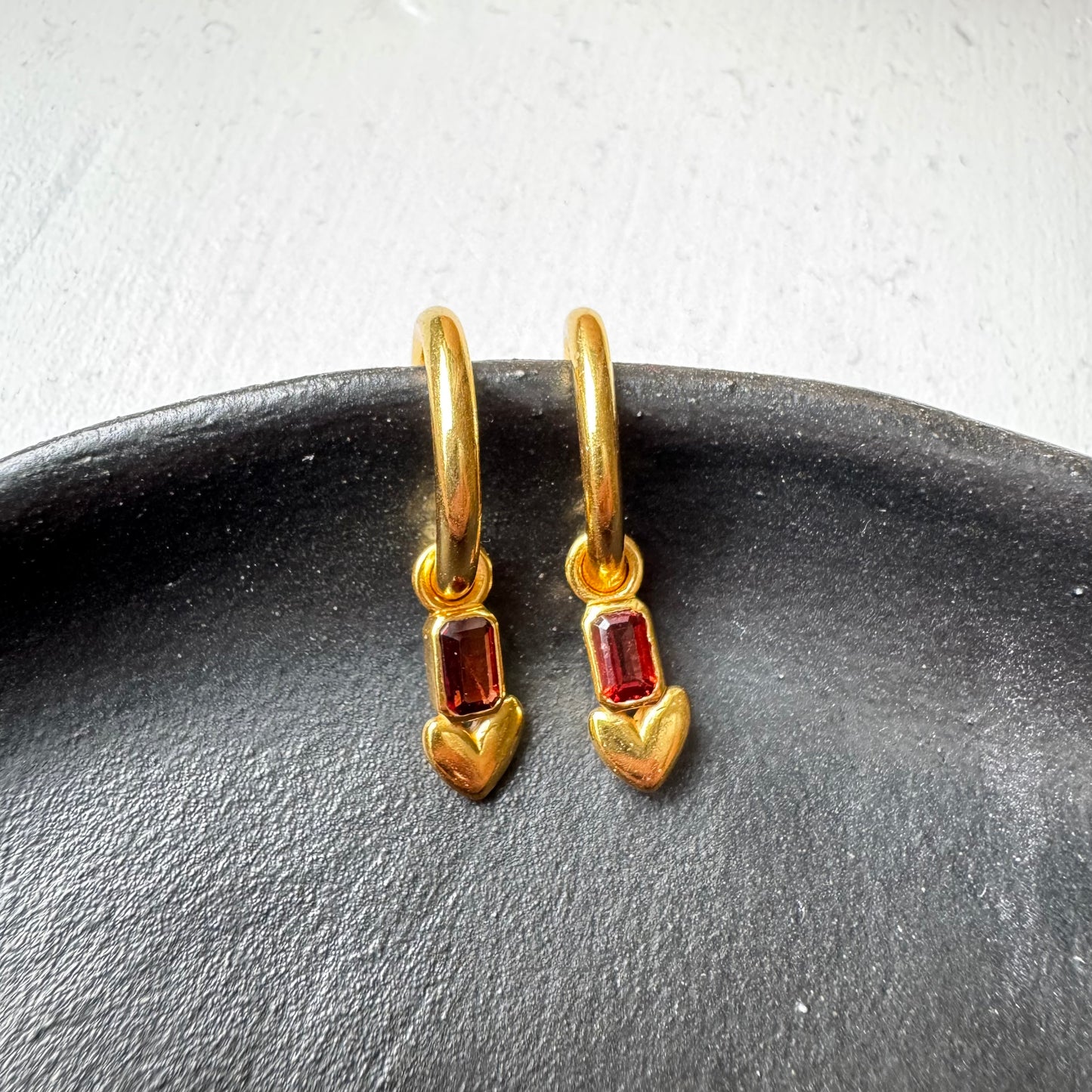 Red Garnet Heart Hoops | 18k Gold Plated | Hoop Earrings